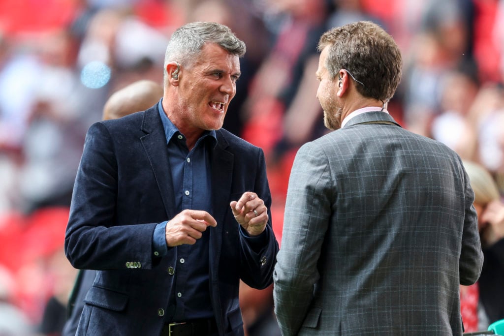 Roy Keane with ITV's Mark Pougatch during the FA Cup Final match between Manchester City and Manchester United at Wembley Stadium on June 03, 2023 ...