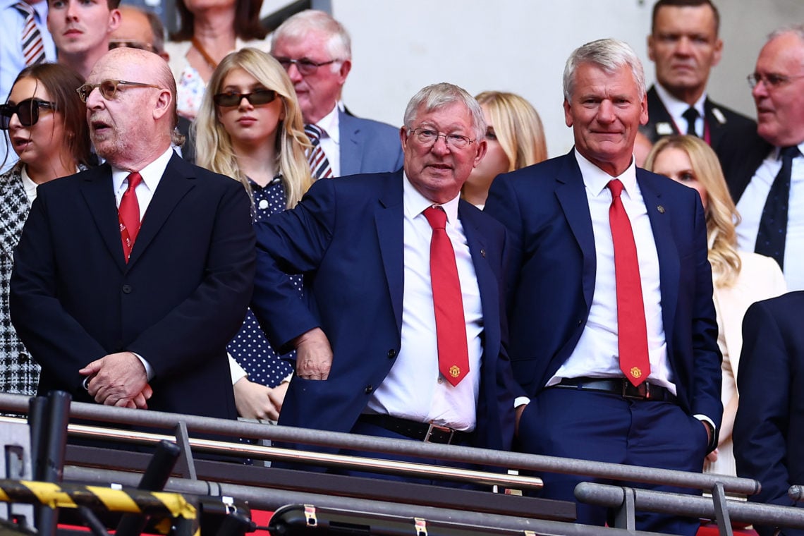 Manchester United co-owner Avram Glazer, Sir Alex Ferguson and David Gill look on following the Emirates FA Cup Final between Manchester City and M...