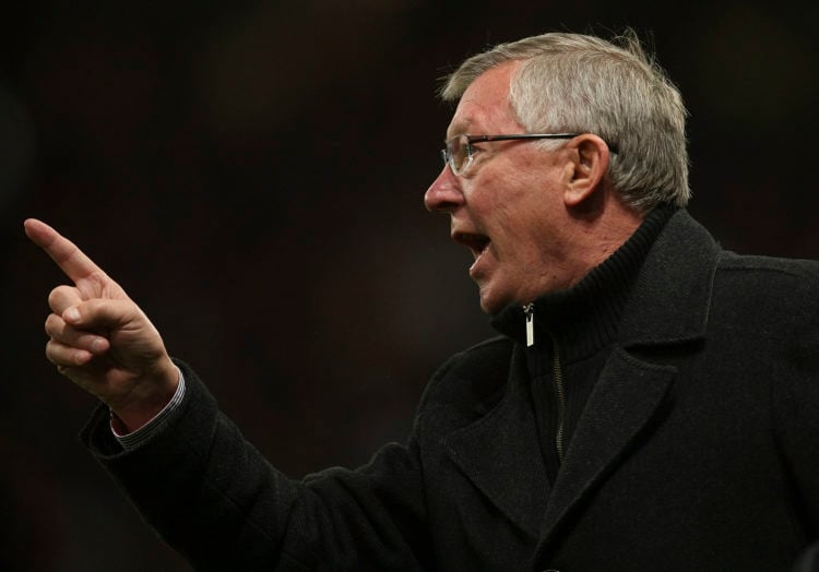 Manager Sir Alex Ferguson of Manchester United shouts instructions from the touchline during the Capital One Cup Third Round match between Manchest...