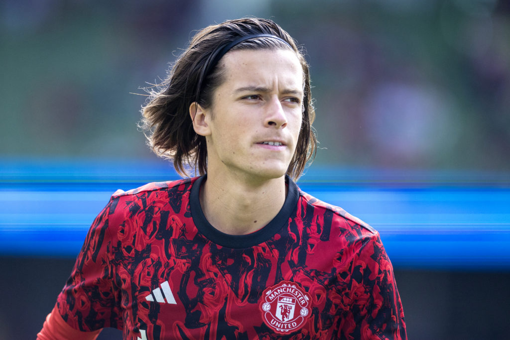 Alvaro Fernandez #42 of Manchester United during team warm-up before the Manchester United v Athletic Bilbao, pre-season friendly match at Aviva Stadium on August 6th, 2023