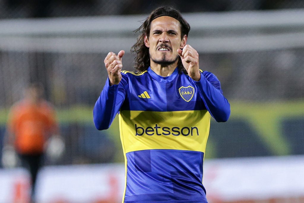 Edinson Cavani of Boca Juniors celebrates after scoring the team's second goal during a match between Boca Juniors and Platense as part of Group B ...