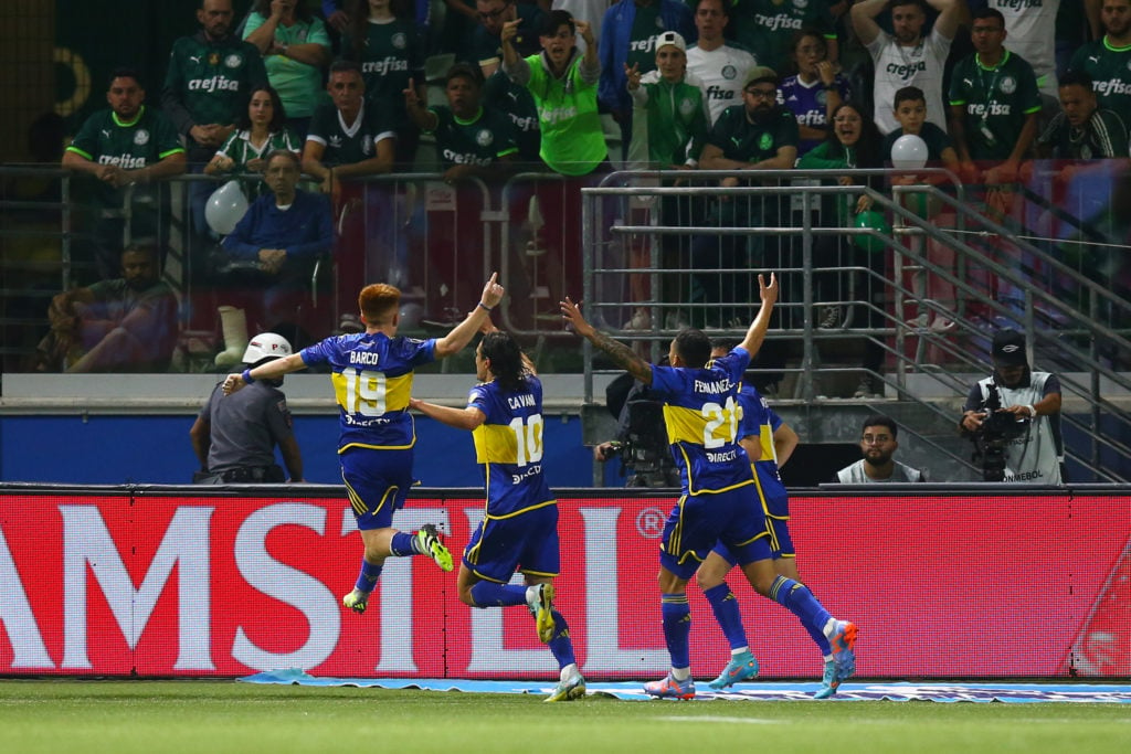 Edinson Cavani of Boca Juniors (C) celebrates after scoring the team's first goal during the Copa CONMEBOL Libertadores 2023 semi-final second leg ...