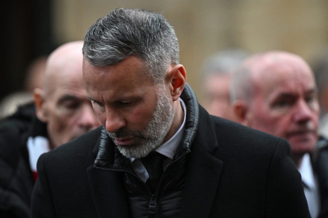 Former Manchester United footballer Ryan Giggs leaves after attending the funeral service for England World Cup winner and Manchester United legend...