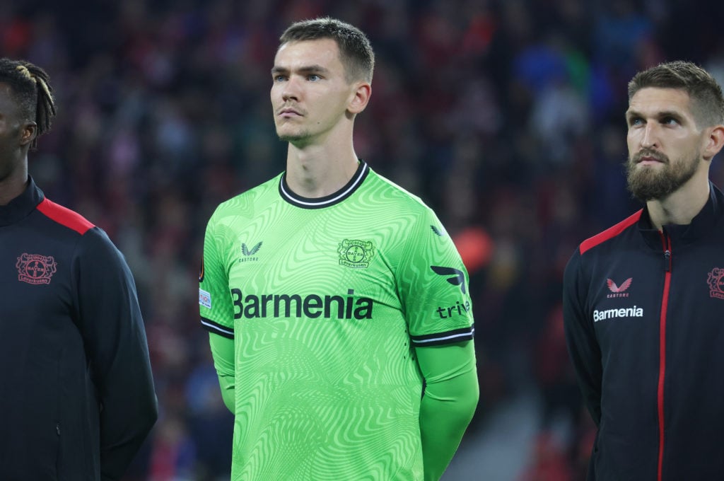 Matej Kovar Portrait goalkeeper of Bayer Leverkusen gestures during the UEFA Europa League 2023/24 match between Bayer 04 Leverkusen and Qarabag FK...