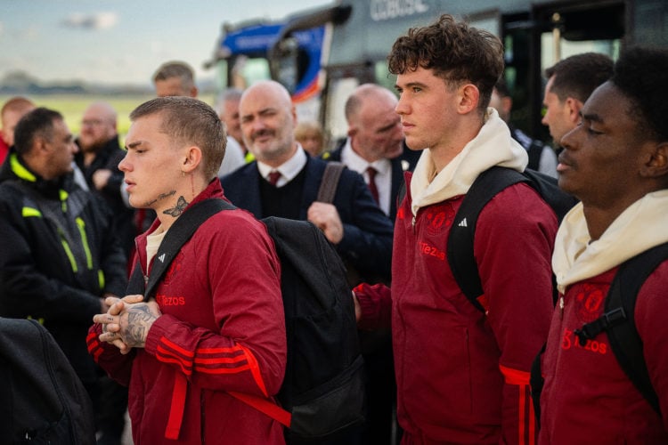 Isak Hansen-Aaroen ans Louis Jackson check in ahead of their flight to Istanbul at Manchester Airport on November 28, 2023 in Manchester, England.