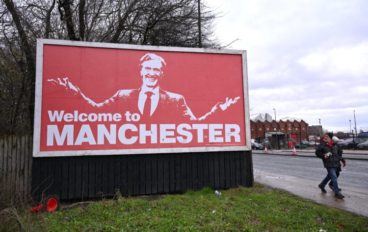 A billboard near Old Trafford shows a picture of Sir Jim Ratcliffe above the words 'Welcome To Manchester' prior to the Premier League match betwee...