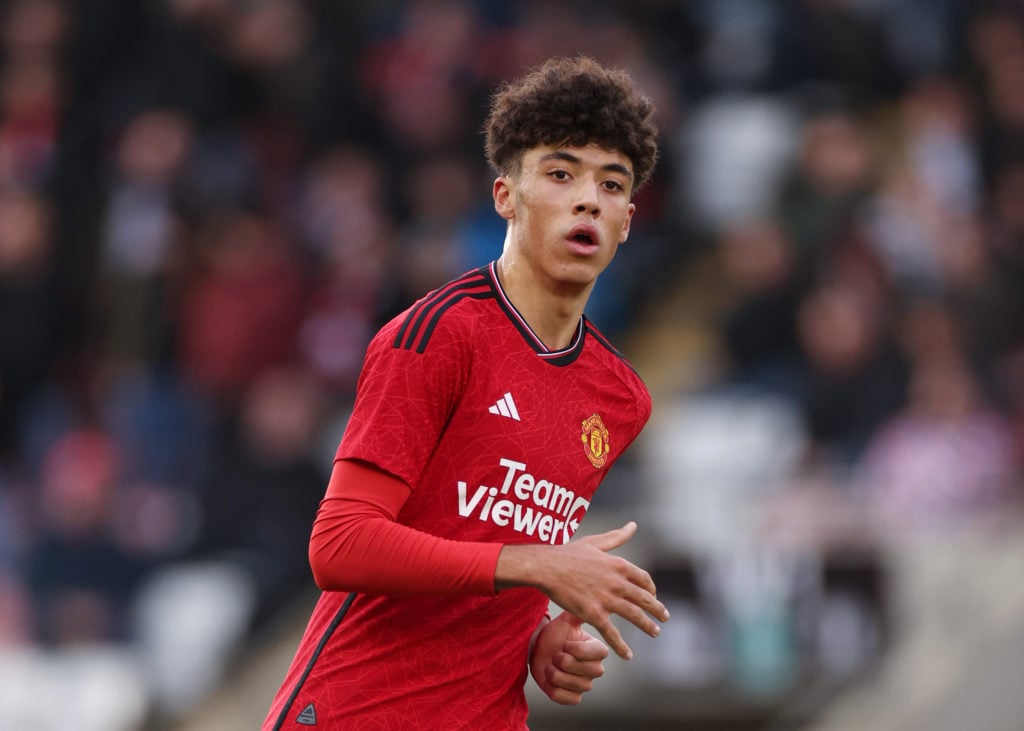 Ethan Wheatley of Manchester United looks on during the UEFA Youth League - Group A match between Manchester United and Bayern Munich at Leigh Spor...