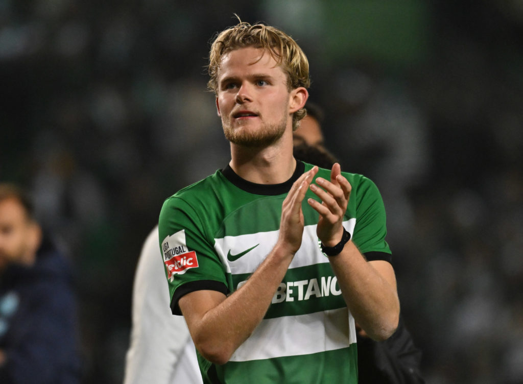 Morten Hjulmand of Sporting celebrates after wining the Liga Portugal Bwin match between Sporting CP and FC Porto at Estadio Jose Alvalade on Decem...