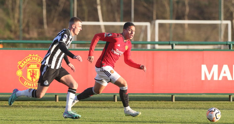 Mateo Mejia of Manchester United in action during the Premier League 2 match between Manchester United U21 v Newcastle United U21 at Carrington Tra...