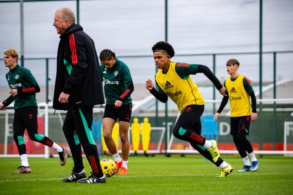 Shola Shoretire of Manchester United in action during a first team training session at Carrington Training Ground on December 18, 2023 in Mancheste...