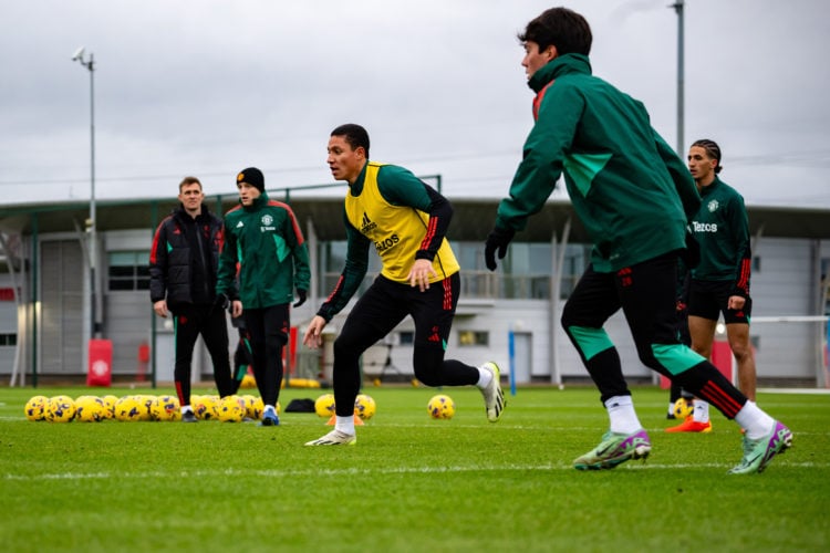 Mateo Mejia and Facundo Pellistri of Manchester United in action during a first team training session at Carrington Training Ground on December 18,...