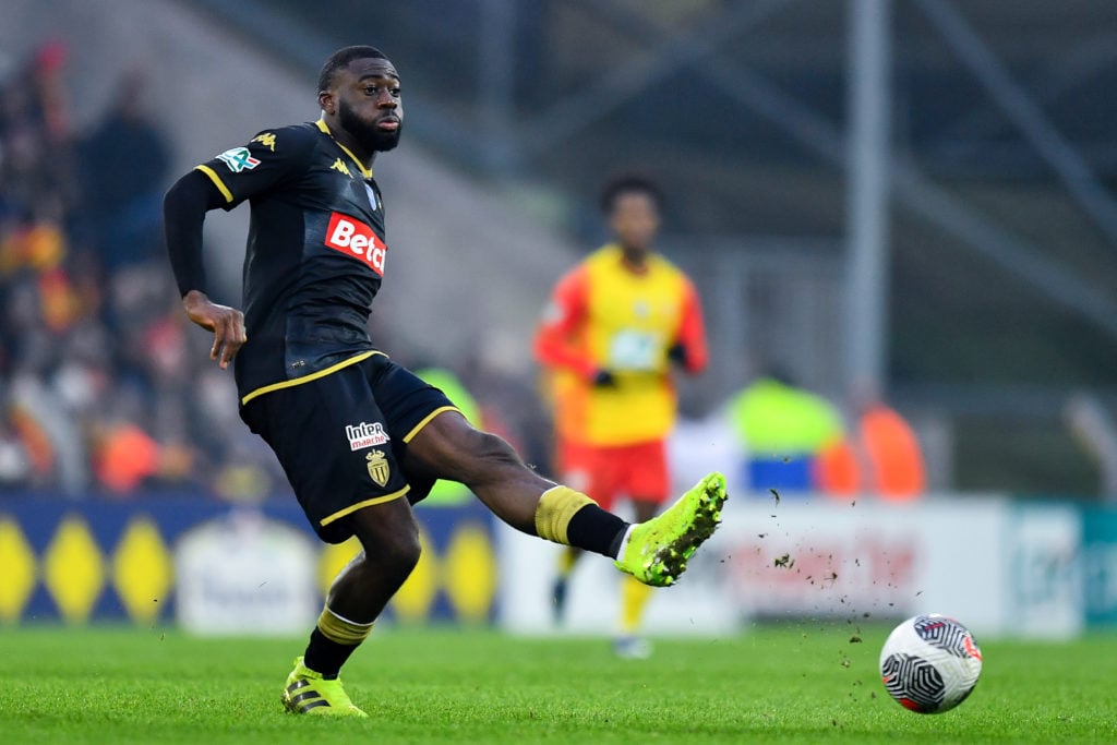 Youssouf Fofana of Monaco passes the ball during the French Cup match between RC Lens and AS Monaco at Stade Bollaert-Delelis on January 07, 2024 i...