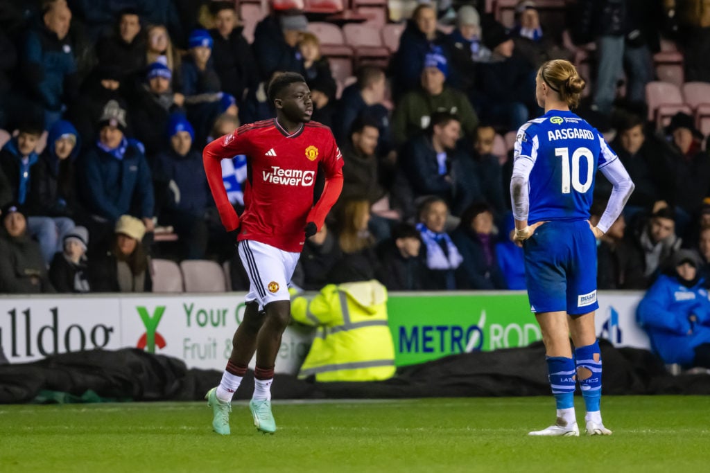 Omari Forson of Manchester United in action during the Emirates FA Cup Third Round match between Wigan Athletic and Manchester United  at DW Stadiu...