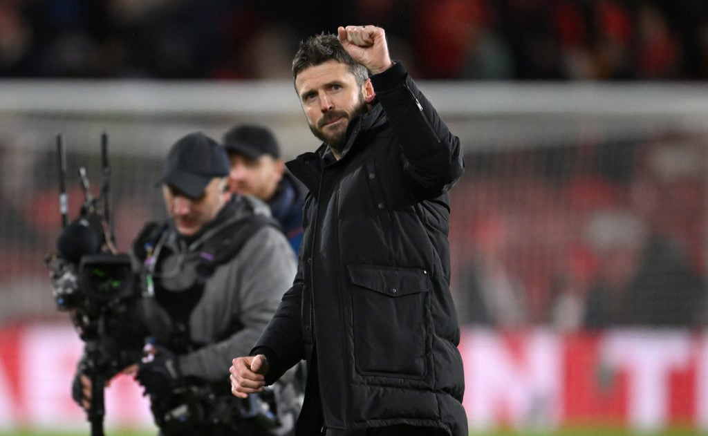 Middlesbrough head coach Michael Carrick celebrates after the Carabao Cup Semi Final First Leg match between Middlesbrough and Chelsea at Riverside...