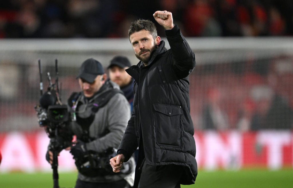 Middlesbrough head coach Michael Carrick celebrates after the Carabao Cup Semi Final First Leg match between Middlesbrough and Chelsea at Riverside...