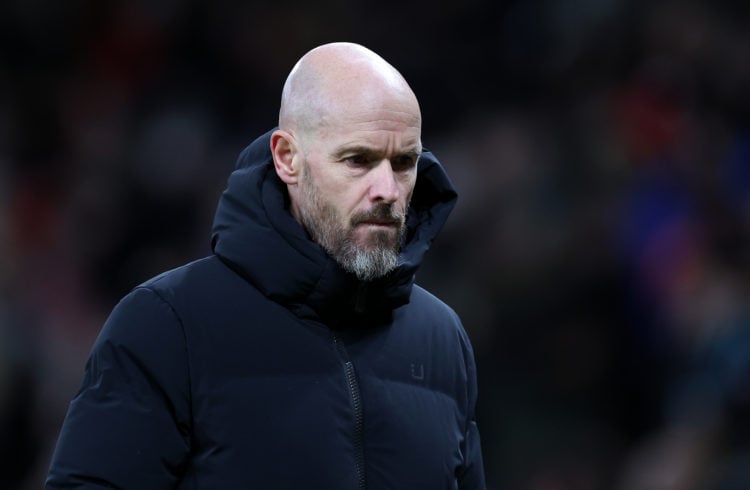 Erik ten Hag the manager of Manchester United walks off at half time the Premier League match between Manchester United and Tottenham Hotspur at Ol...