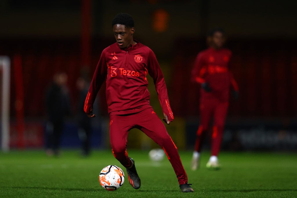 Bendito Mantato of Manchester United warms up ahead of the FA Youth Cup match between Swindon Town and Manchester United at County Ground on Januar...