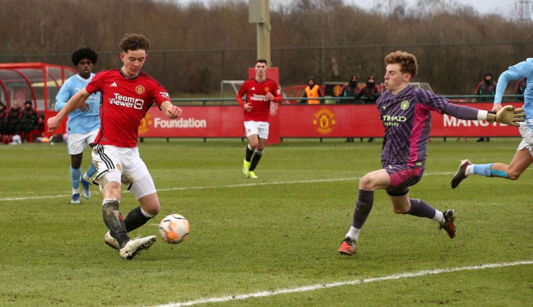 Louis Jackson of Manchester United U18s in action during the U18 Premier League match between Manchester United U18s v Manchester City U18s at Carr...