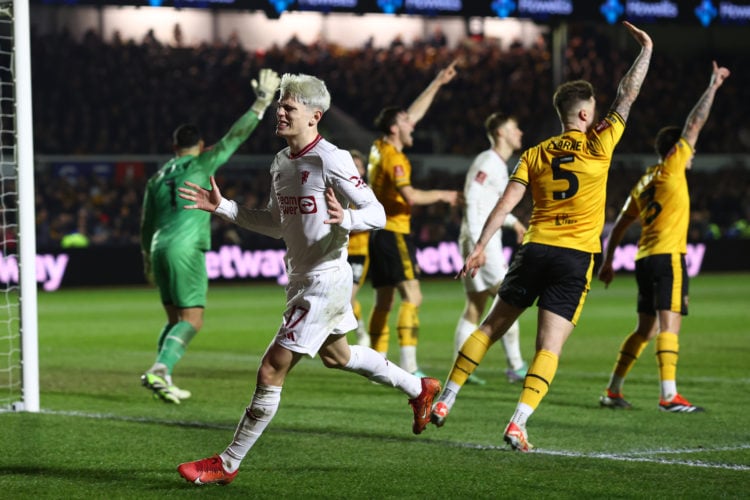 Alejandro Garnacho of Manchester United reacts during the Emirates FA Cup Fourth Round match between Newport County and Manchester United at Rodney...