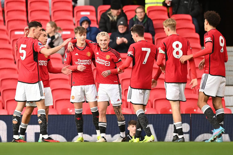 Sam Mather of Manchester United U21 celebrates scoring their first goal during the Premier League 2 match between Manchester United U21 and Norwich...