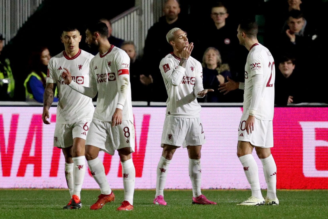 Antony of Manchester United celebrates scoring his team's third goal during the Emirates FA Cup Fourth Round match between Newport County and Manch...