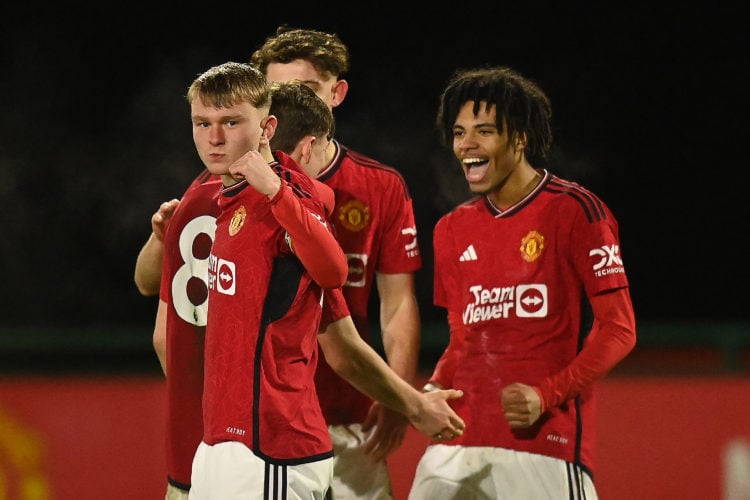 Jayce Fitzgerald of Manchester United U18s celebrates scoring their second goal during the U18 Premier League match between Manchester United U18s ...