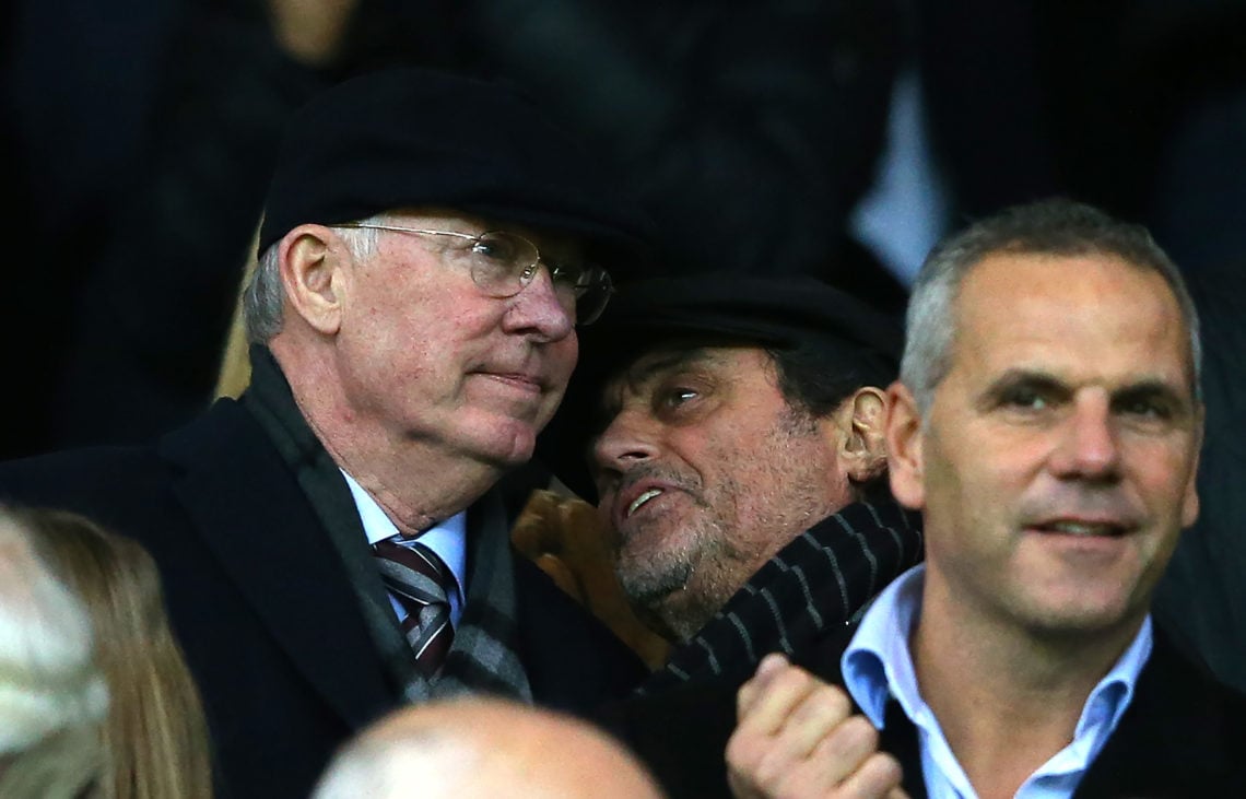 Former Manchester United Manager Sir Alex Ferguson chats with Actor Ian McShane (R) prior to the Barclays Premier League match between Manchester U...