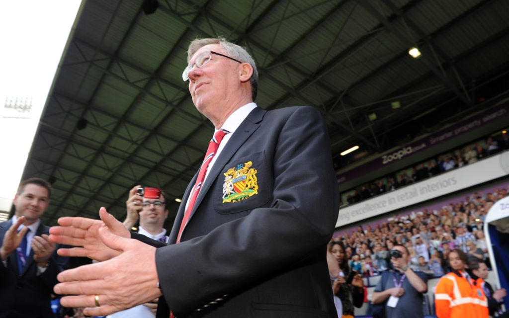 Sir Alex Ferguson the head coach / manager of Manchester United walks onto the pitch before his 1500th an final match, at The Hawthorns the home st...