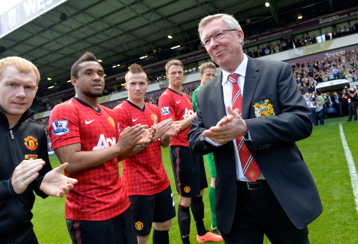 two retiring Paul Scholes of Manchester United & Sir Alex Ferguson manager / head coach of Manchester United during the pre match guard of honour