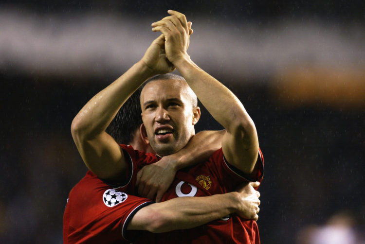 2 Apr 2002:  Mikael Silvestre of Manchester United celebrates as he plays a huge part in creating the second goal for his team during the UEFA Cham...