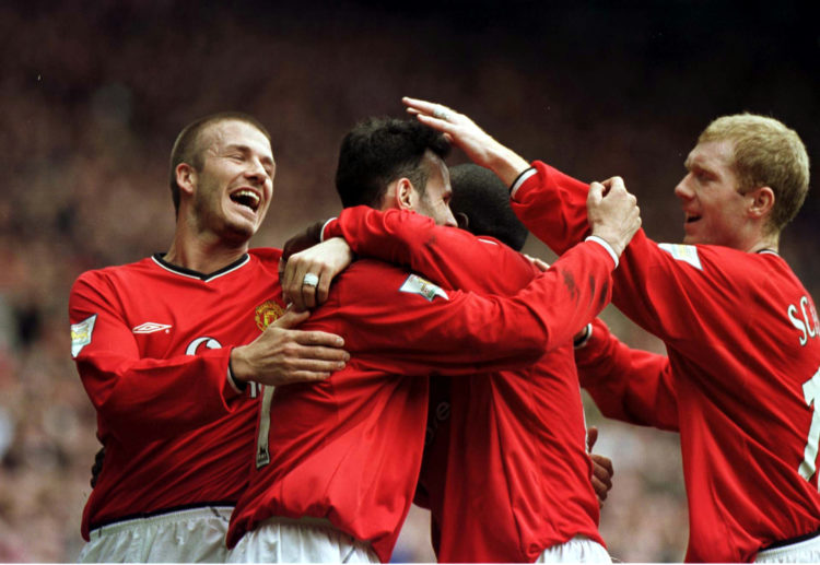 14 Apr 2001:  Ryan Giggs (2nd from left) of Man Utd celebrates with (L to R) David Beckham, Dwight Yorke and Paul Scholes after scoring the third g...