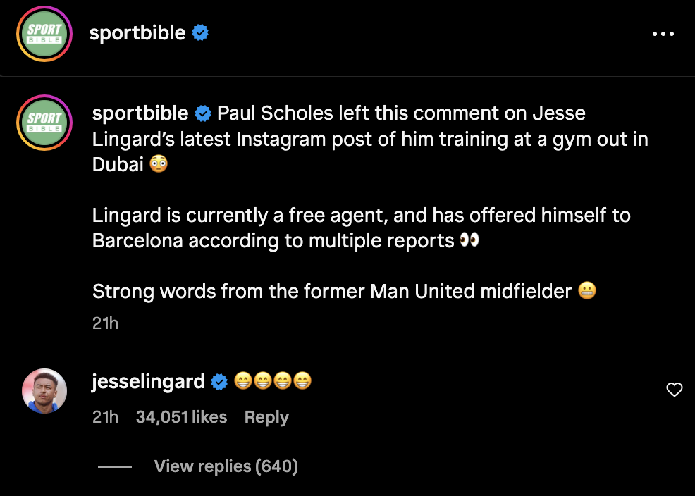 Jesse Lingard's reaction to Paul Scholes' comment. Credit: Instagram