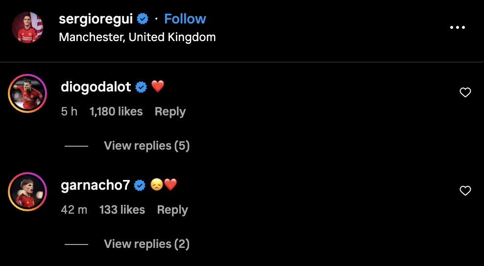 Diogo Dalot and Alejandro Garnacho's messages to Sergio Reguilon after his exit from Manchester United. Credit: Instagram