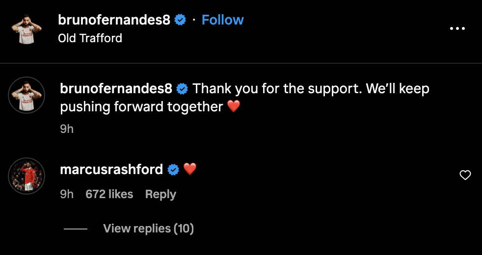 Marcus Rashford's reaction to Bruno Fernandes' post. Credit: Instagram