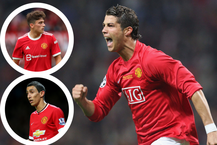 Cristiano Ronaldo celebrates in 2008. Inset, Dan James, inset, Angel di Maria