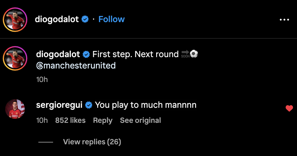 Sergio Reguilon’s message to Man United star Diogo Dalot. Credit: Instagram