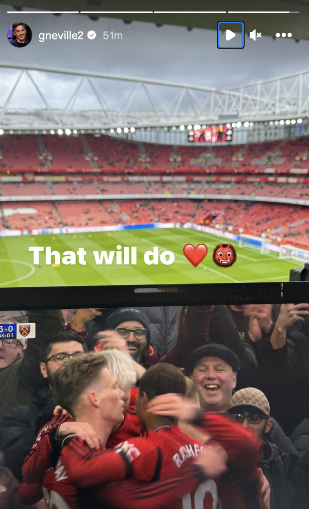 Gary Neville’s reaction to Man United’s Premier League win over West Ham. Credit: Instagram