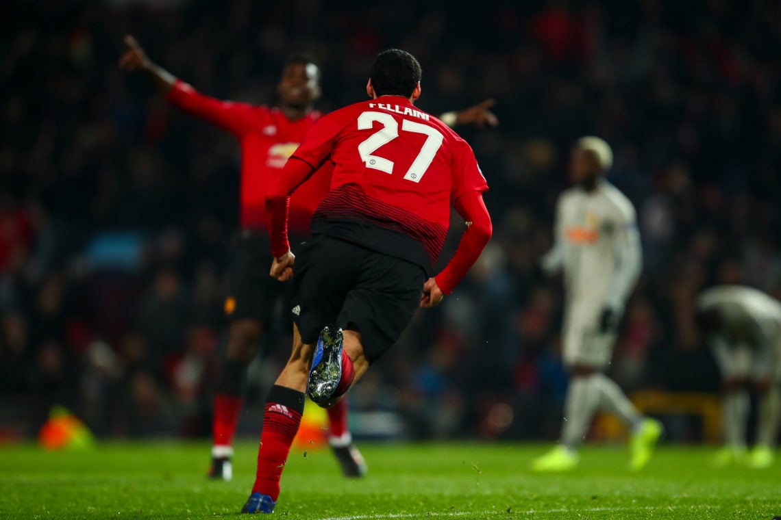 Marouane Fellaini of Manchester United celebrates after scoring a goal to make it 1-0  during the Group H match of the UEFA Champions League betwee...