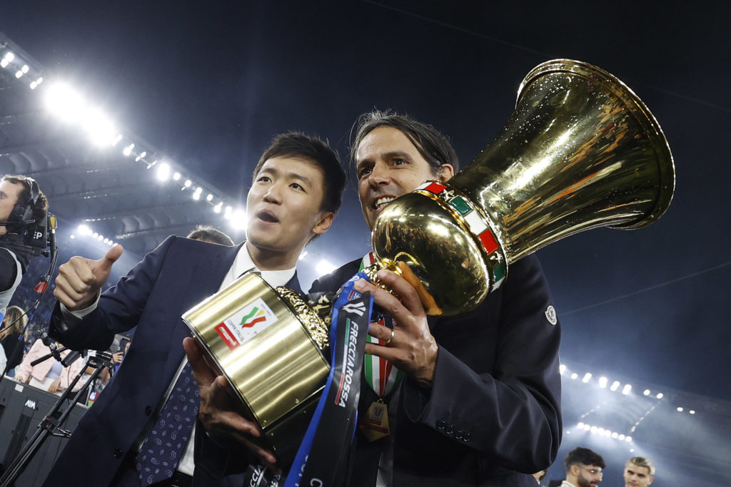 FC Internazionale President Steven Zhang with Head Coach Simone Inzaghi of FC Internazionale celebrate with the trophy during the award ceremony af...
