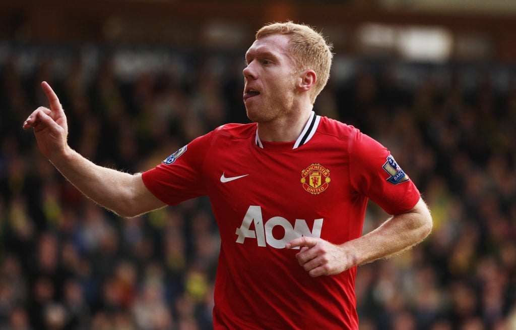 Paul Scholes of Manchester United celebrates scoring during the Barclays Premier League match between Norwich City and Manchester United at Carrow ...