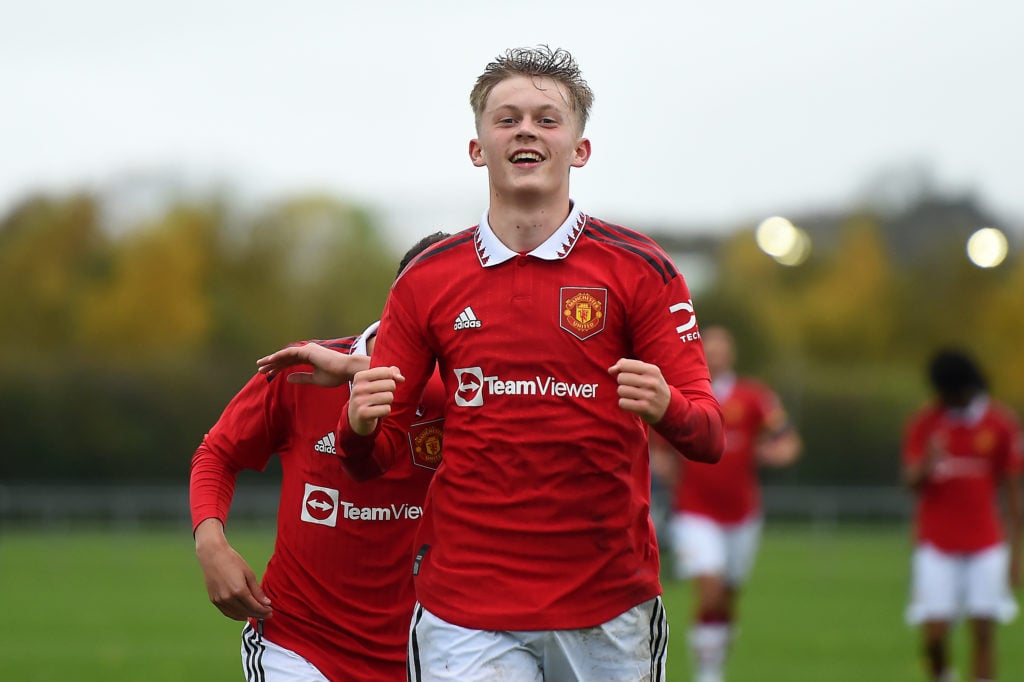 Adam Berry of Manchester United U18s celebrates scoring their second goal during the U18 Premier League match between Newcastle United U18s and Man...