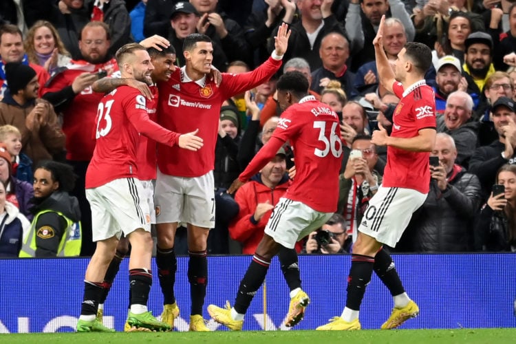 Marcus Rashford of Manchester United  celebrates with Cristiano Ronaldo, Luke Shaw, Anthony Elanga and Diogo Dalot after scoring their team's first...