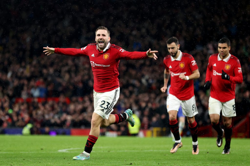 Luke Shaw of Manchester United celebrates after scoring the team's second goal during the Premier League match between Manchester United and AFC Bo...