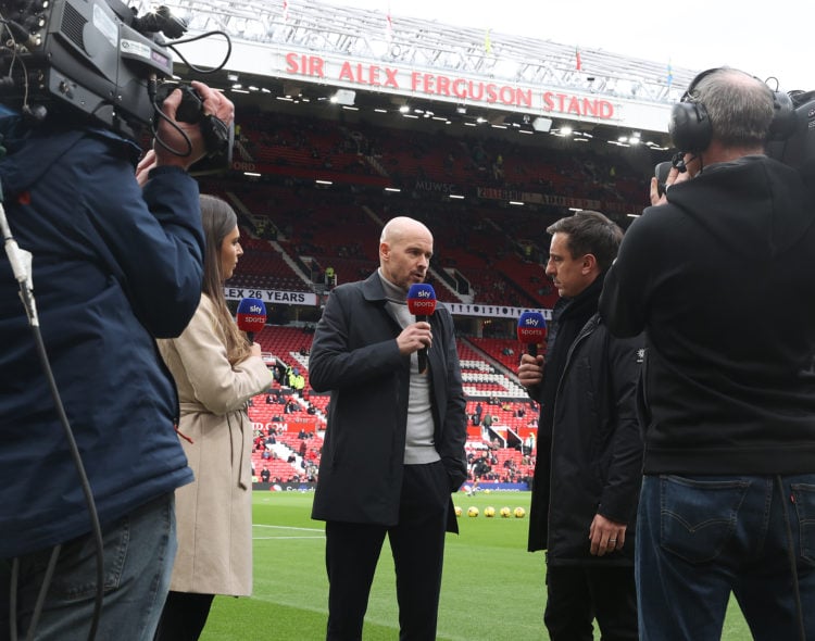 Manager Erik ten Hag of Manchester United is interviewed by Gary Neville ahead of the Premier League match between Manchester United and Leicester ...