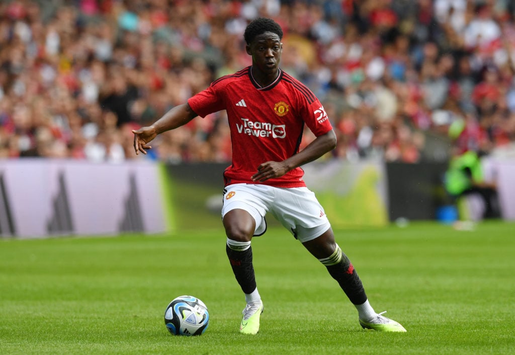 Kobbie Mainoo of Manchester United in action during the pre-season friendly match between Manchester United and Olympique Lyonnais at BT Murrayfiel...