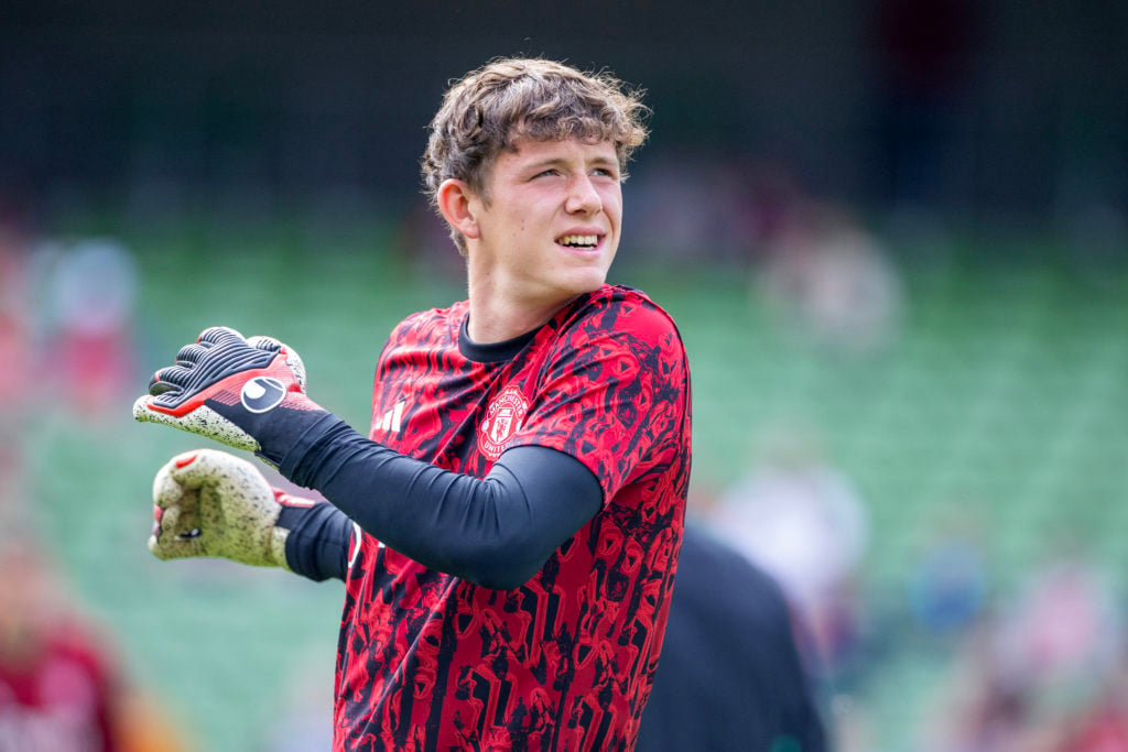 August 6:  Goalkeeper Tom Wooster #71 of Manchester United during team warm up before the Manchester United v Athletic Bilbao, pre-season friendly ...