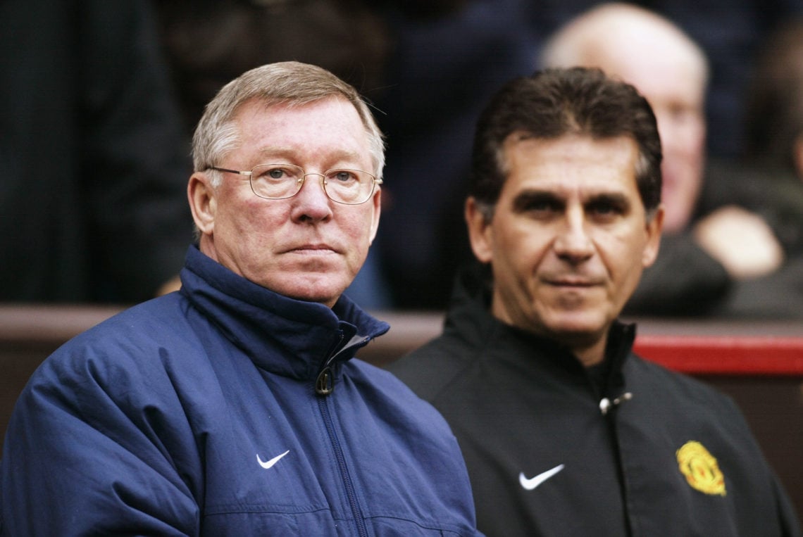 Sir Alex Ferguson and Carlos Queiroz of Manchester United during the Manchester United v Newcastle United FA Barclaycard Premiership match at Old T...