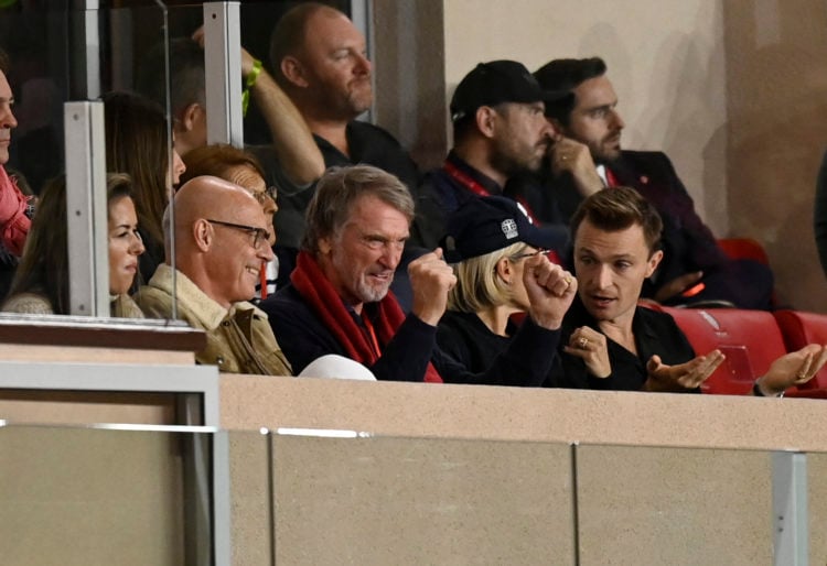 Sir David Brailsford (2L) and Sir Jim Ratcliffe (middle with Red Scarf)owner of OGC Nice during the Ligue 1 Uber Eats match between AS Monaco and O...