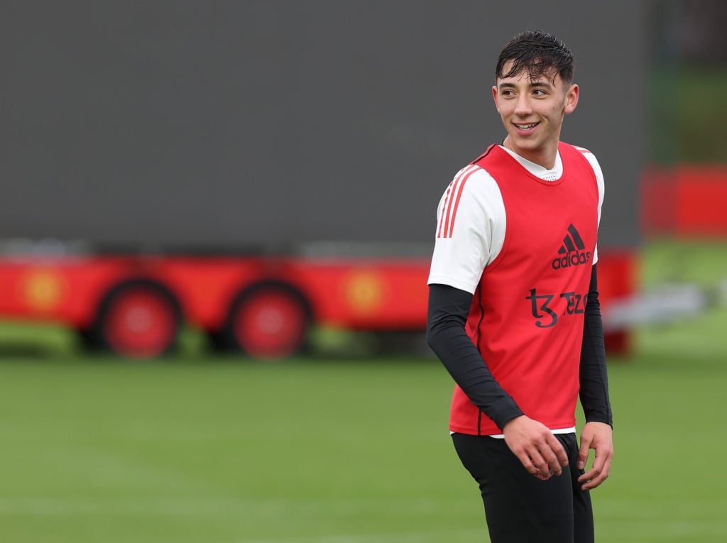 (EXCLUSIVE COVERAGE) Sonny Aljofree of Manchester United in action during a first team training session at Carrington Training Ground on November 2...