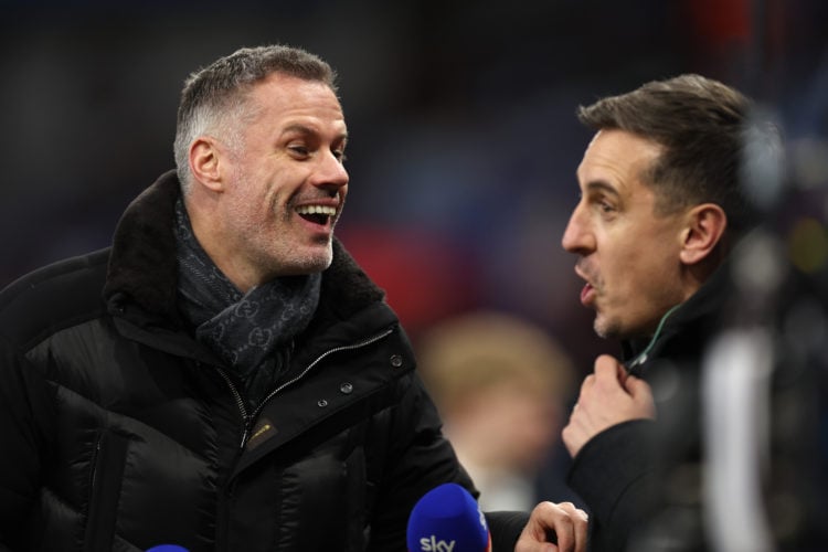 Sky Sports TV Presenter and Former Footballer, Jamie Carragher reacts with Sky Sports TV Presenter and Former Footballer, Gary Neville, prior to th...